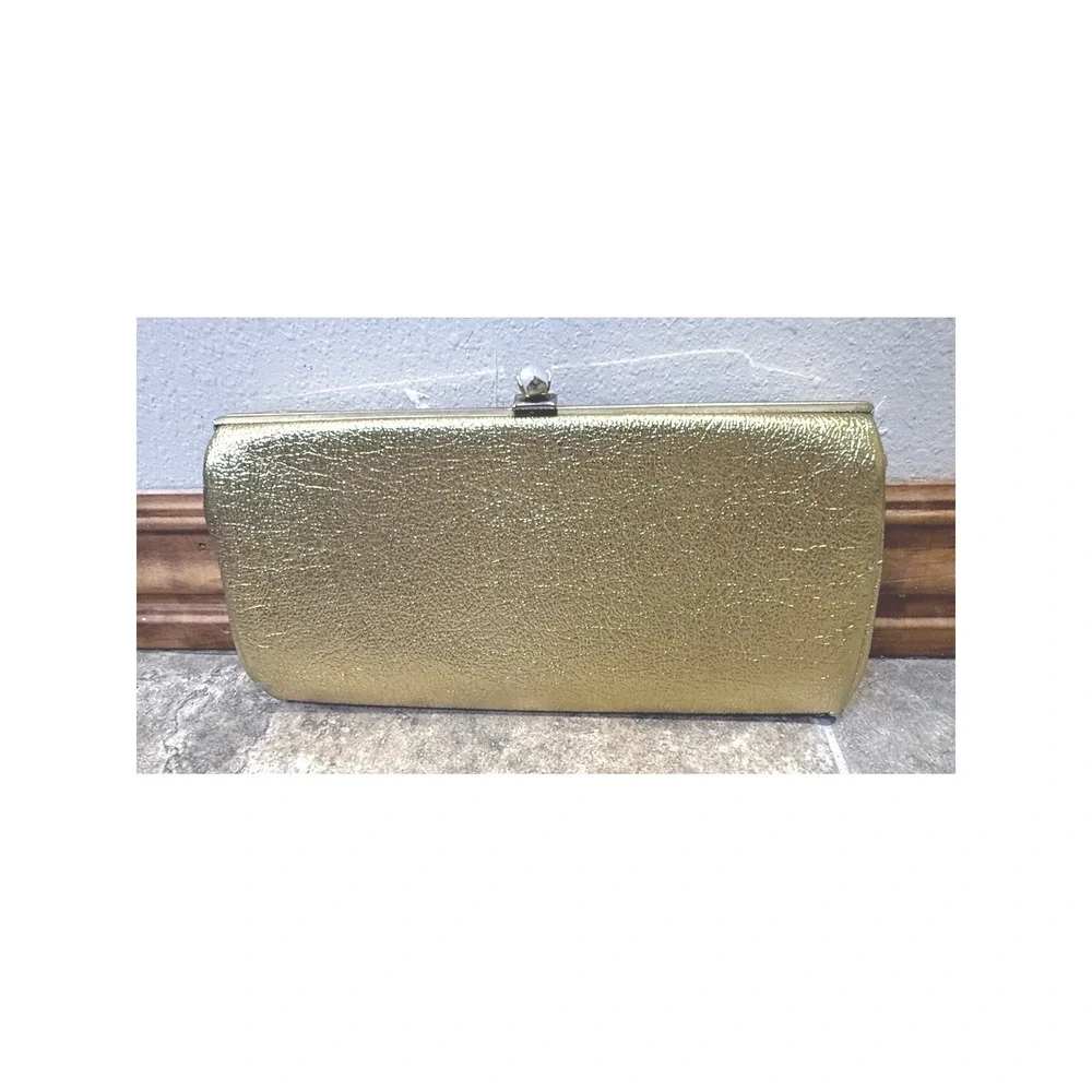 Gold Metallic Clutch Pearl Clasp‎ Evening Bag Vintage READ